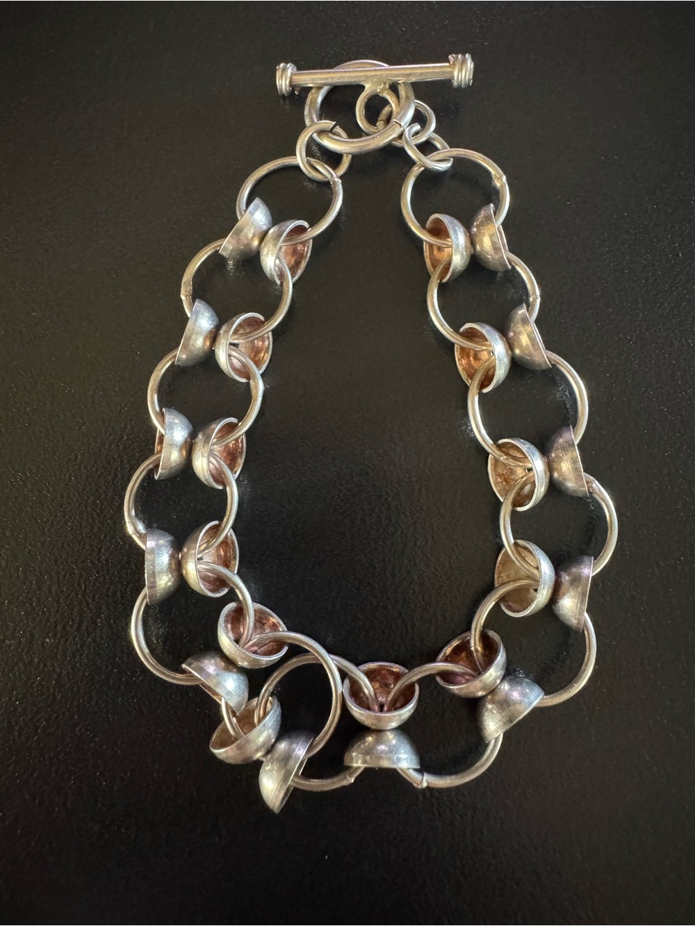 925 Sterling Silver Sculptural Circle Link Bracelet 7” 14.85g Toggle